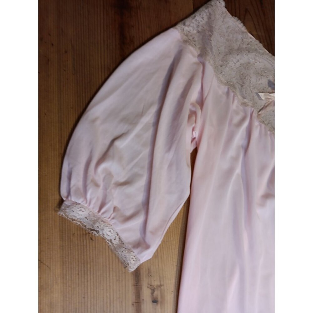 Vtg Sears Womens M 42-44 Pink Sheer Long Nightgown Nylon Lace Front 3/4 Sleeve - Picture 2 of 7